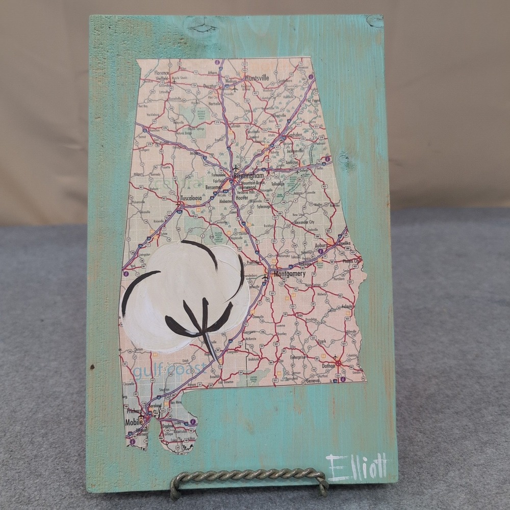 Alabama Map Cotton Boll Wood Sign Rustic Southern Home Decor Wall Art